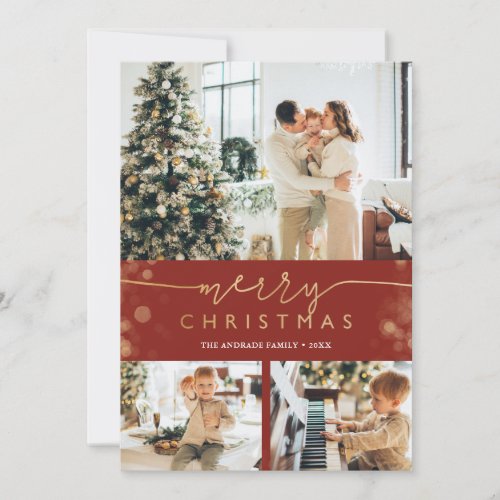 Merry Christmas Photo Collage Classic Red Gold Holiday Card