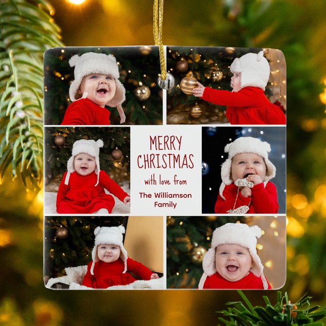 Merry Christmas Photo Collage Cute Custom 2 Sided Ceramic Ornament (Creator Uploaded)