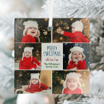 Merry Christmas Photo Collage Cute Custom Gift Glass Ornament<br><div class="desc">This cute,  modern Merry Christmas ornament features a classy layout of 6 family photos on a white background with pretty blue,  red,  and green typography. This beautiful kids photo holiday decor gift features your own child's photograph collage surrounding your festive message and family name in red.</div>