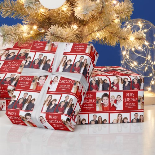 Merry Christmas Photo Collage Cute Custom Red Wrapping Paper
