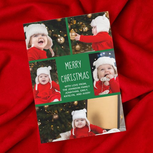 Merry Christmas Photo Collage Cute Green Modern Holiday Card