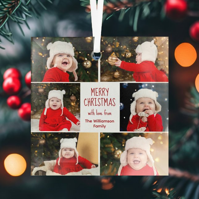 Merry Christmas Photo Collage Cute Personalized Glass Ornament (Creator Uploaded)