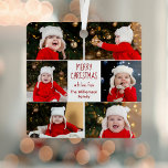 Merry Christmas Photo Collage Cute Red Script Metal Ornament<br><div class="desc">This cute,  modern Merry Christmas metal ornament features a classy layout of 6 family photos on a white background with pretty red typography. This beautiful kids photo holiday decor gift features your own child's photograph collage surrounding your festive message and family name in red.</div>