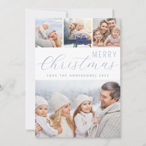 Merry Christmas Photo Collage Frosty Blue Holiday Card