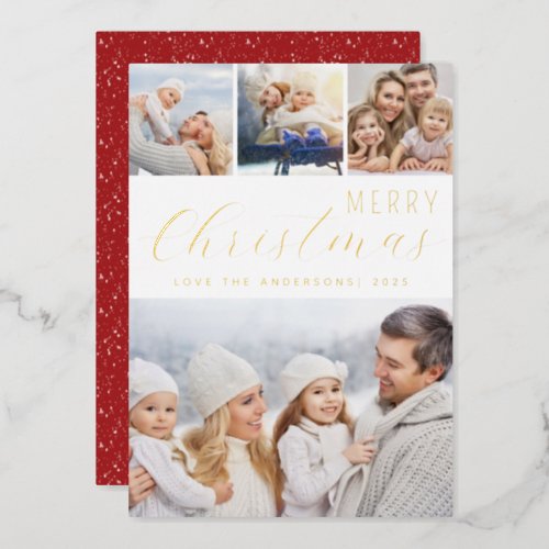Merry Christmas Photo Collage Gold Foil Holiday Card