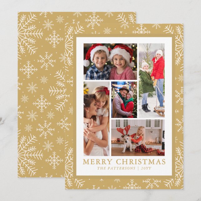 Merry Christmas Photo Collage Gold Snowflake Holiday Card (Front/Back)