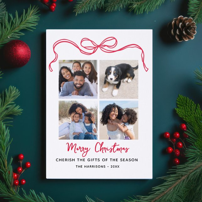 Merry Christmas Photo Collage Hand Drawn Bow Letterpress Photo Cards (Creator Uploaded)