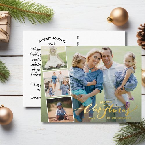 Merry Christmas Photo Collage Hand Lettered Gold Foil Holiday Postcard