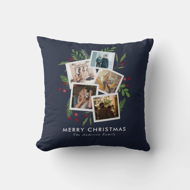 Merry Christmas Photo Collage Holiday Greenery Throw Pillow (Front)