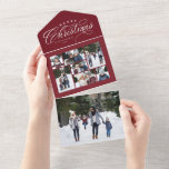 Merry Christmas photo collage maroon red trifold All In One Invitation<br><div class="desc">Send one of a kind Christmas greetings with this unique holiday photo card. Featuring an elegant type treatment saying "Merry Christmas" along with a collage of seven photos, this design also features a detachable section with a single photo. Include a family update on the back. Best of all, this can...</div>