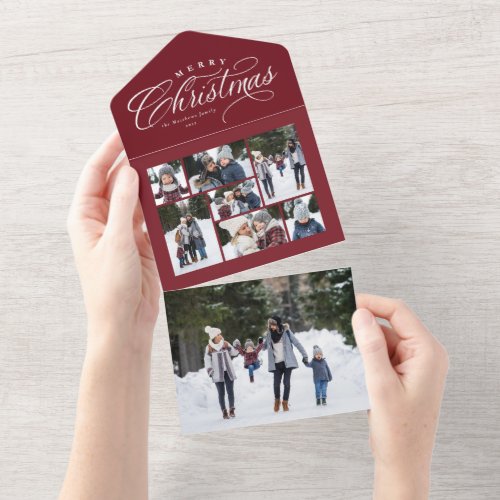 Merry Christmas photo collage maroon red trifold All In One Invitation