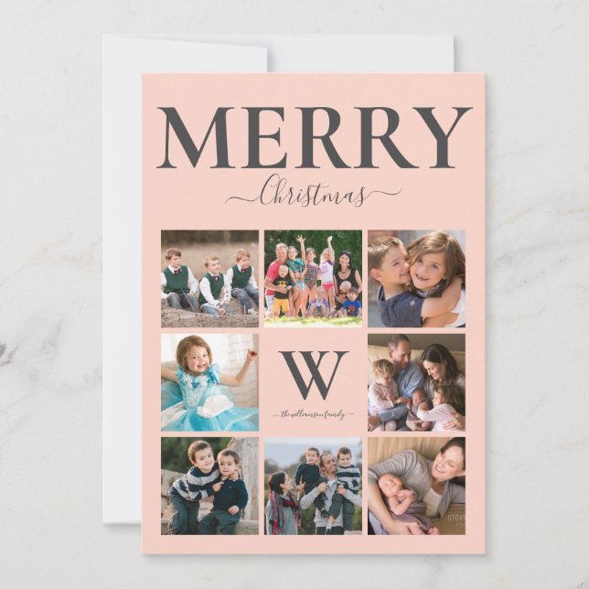 Merry Christmas Photo Collage Monogram Pink Gray Holiday Card (Front)