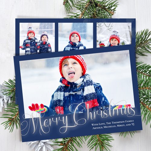 Merry Christmas Photo Collage Navy Blue Script Holiday Card