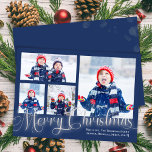 Merry Christmas Photo Collage Navy Blue Script Holiday Card<br><div class="desc">This design features a merry Christmas card,  with navy blue and silver,  with calligraphy brush script,  a simple minimalist,  trendy typography design with a multi-photo collage template,  a modern minimal,  classic traditional,  holiday photo card,  with classy contemporary style.</div>
