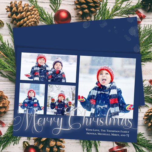Merry Christmas Photo Collage Navy Blue Script Holiday Card