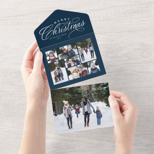 Merry Christmas photo collage navy holiday trifold All In One Invitation