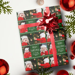 Merry Christmas Photo Collage Personalized Green Wrapping Paper