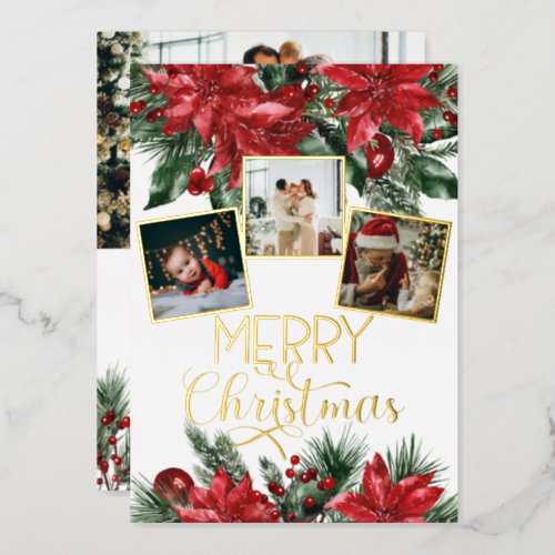 Merry Christmas Photo Collage Poinsettia  Foil Holiday Card