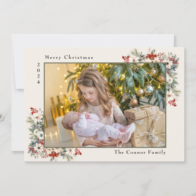 Merry Christmas Photo Collage Poinsettias  Holiday Card (Front)