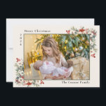 Merry Christmas Photo Collage Poinsettias  Holiday Card<br><div class="desc">Elegant 5-photo Christmas greeting card with text, "Merry Christmas." Personalized with the year and family name, as well. Photos are on the front and back of the card. Accented with red and white poinsettias and greenery. Contact me for assistance with your customizations or to request additional matching or coordinating Zazzle...</div>
