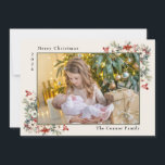Merry Christmas Photo Collage Poinsettias  Holiday Card<br><div class="desc">Elegant 5-photo Christmas greeting card with text, "Merry Christmas." Personalized with the year and family name, as well. Photos are on the front and back of the card. Accented with red and white poinsettias and greenery. Contact me for assistance with your customizations or to request additional matching or coordinating Zazzle...</div>