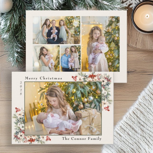Merry Christmas Photo Collage Poinsettias  Holiday Card (Christmas flowers 5-photo holiday greeting card)