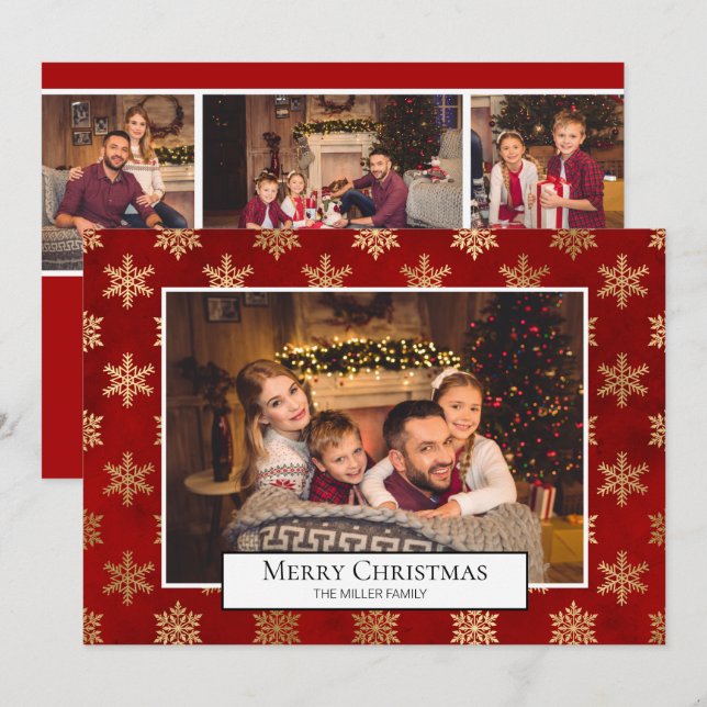 Merry Christmas Photo Collage Red Gold Snowflakes Invitation (Front/Back)
