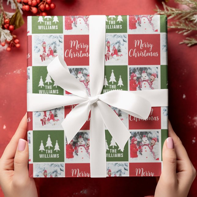 Merry Christmas Photo Collage Red Green Wrapping Paper (Custom Photo Pattern Green Red Merry Christmas Wrapping Paper
)