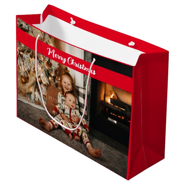 Merry Christmas Photo Collage Red Happy Holiday  Large Gift Bag (Front Angled)