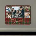 Merry Christmas photo collage rustic plaid Magnet<br><div class="desc">Elegant stylish Merry Christmas faux gold classic calligraphy script five family photos red green plaid tartan rustic magnet with your custom personalized text.</div>