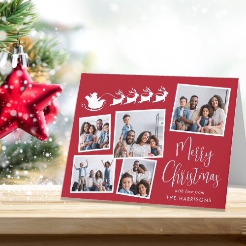 Merry Christmas Photo Collage Santa Sleigh Holiday Card