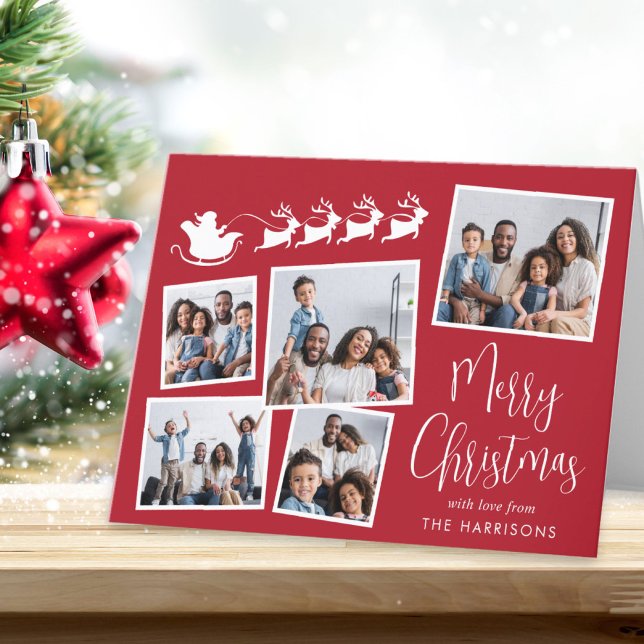 Merry Christmas Photo Collage Santa Sleigh Holiday Card (Share the love and warmth of the season with your personalized photo Christmas card)