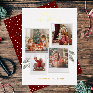 Merry Christmas Photo Collage Script Gold Foil Holiday Card