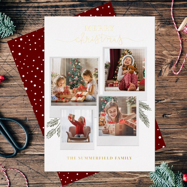Merry Christmas Photo Collage Script Gold Foil Holiday Card (Christmas Greetings Grand Kids Photo Collage Card)
