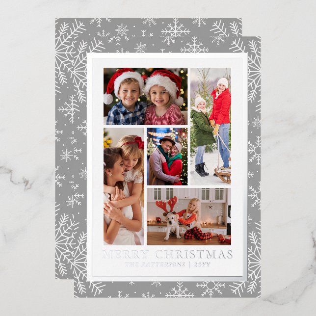 Merry Christmas Photo Collage Silver Snowflake Foil Holiday Card (Front/Back)