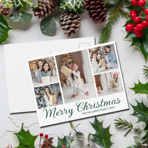 Merry Christmas Photo Collage Simple Green Script Holiday Postcard