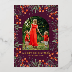 Merry Christmas Photo Collage Watercolor Floral Foil Holiday Card