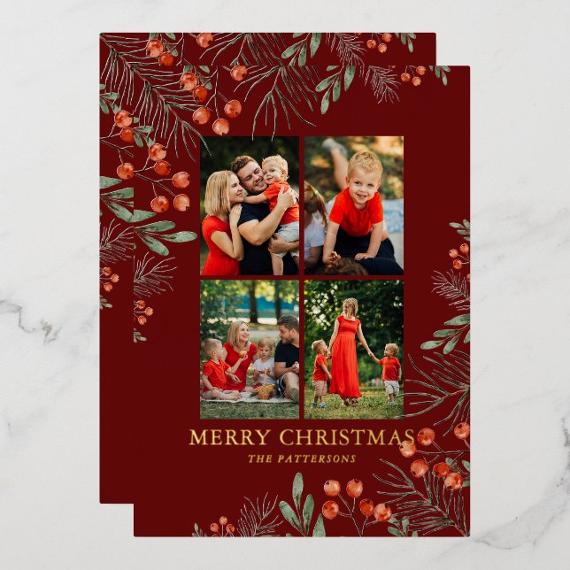 Merry Christmas Photo Collage Watercolor Floral Foil Holiday Card (Front/Back)
