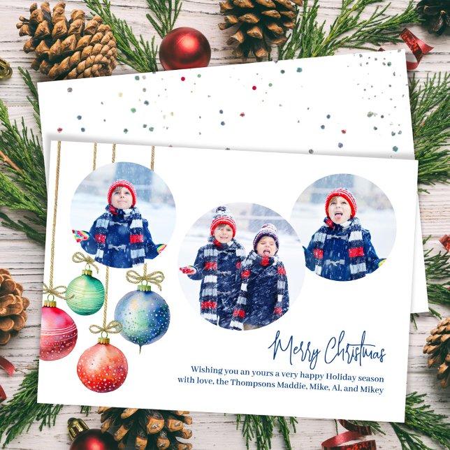 Merry Christmas Photo Collage Watercolor Ornaments Holiday Card (Merry Christmas photo card with multi photo template. )