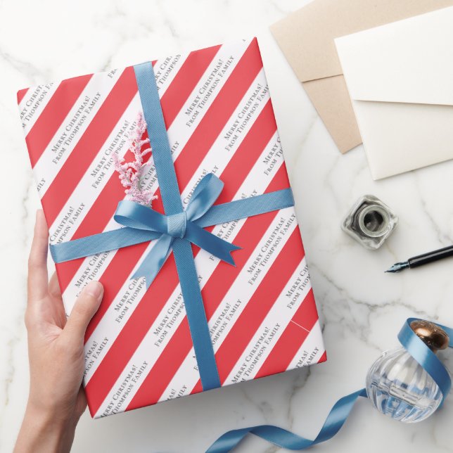 Merry Christmas Photo Custom Text Red Candy Cane Wrapping Paper (Gifting)