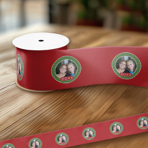 Merry Christmas Photo Custom Year - Green Red Satin Ribbon