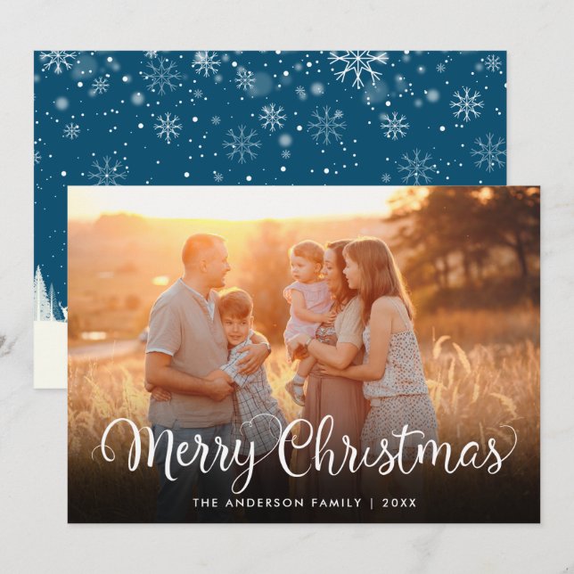 Merry Christmas Photo Elegant Script Winter Scene Holiday Card (Front/Back)