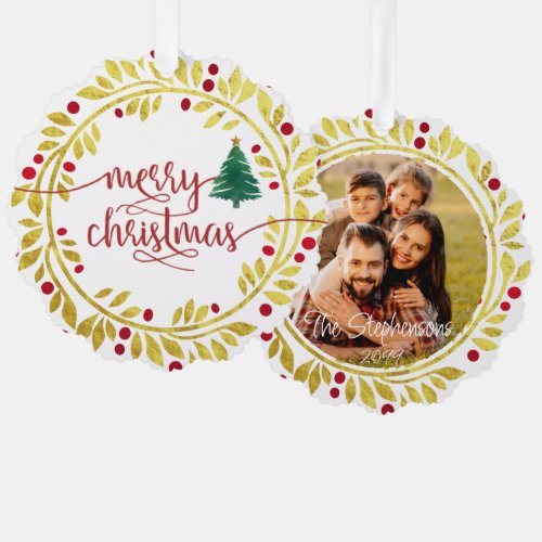 Merry Christmas Photo Faux Gold Wreath Script Ornament Card