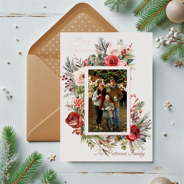 Merry Christmas Photo Floral Foil Holiday Card (Creator Uploaded)