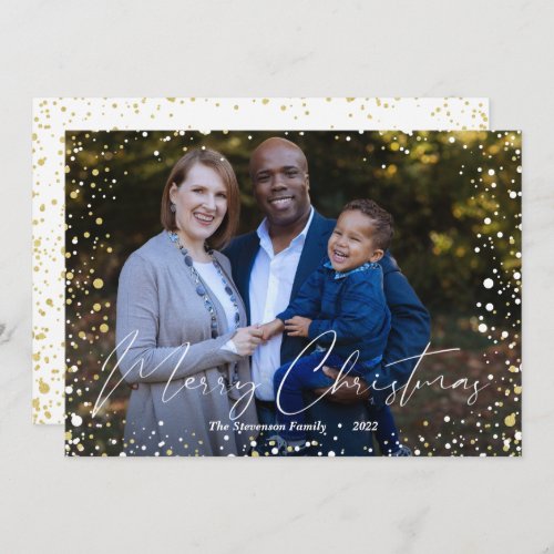 Merry Christmas Photo Gold and White Snow Dots Holiday Card