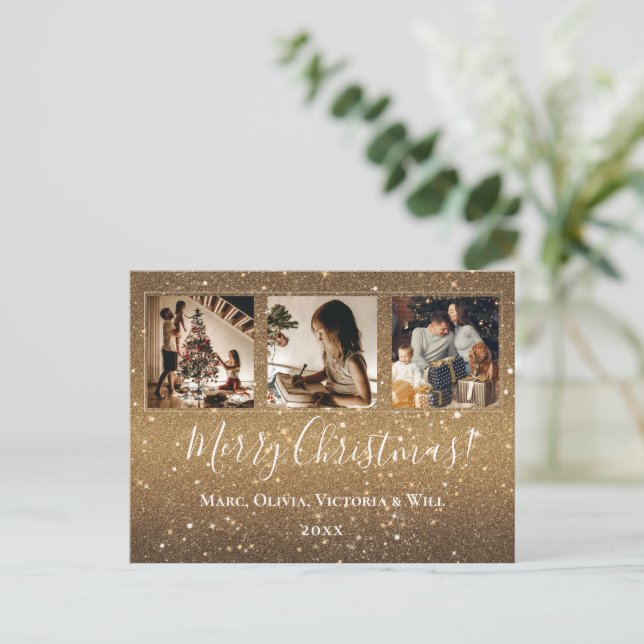 Merry Christmas Photo Gold Glitter  Holiday Postcard (Standing Front)