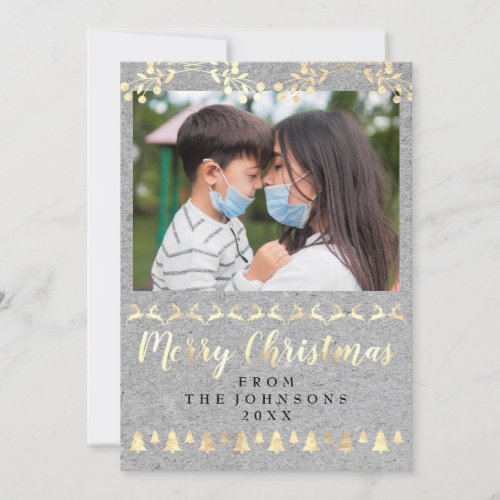 Merry Christmas Photo Gold Gray Gold Kraft Modern Holiday Card