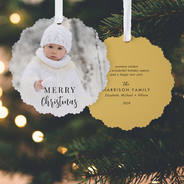 Merry Christmas Photo Gold Holiday Ornament Card (Share the love and warmth of the holiday season with a photo paper ornament card)