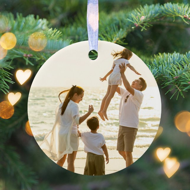 Merry Christmas Photo Gold Script Calligraphy  Ceramic Ornament (Simple photo holiday Christmas tree ornament.)