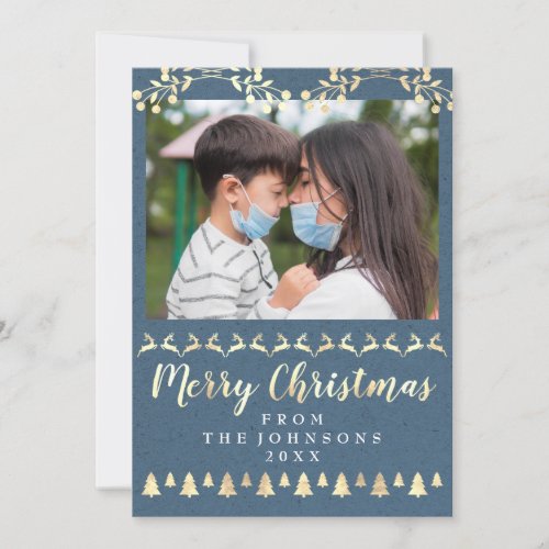 Merry Christmas Photo Gold Smoky Blue Kraft Modern Holiday Card